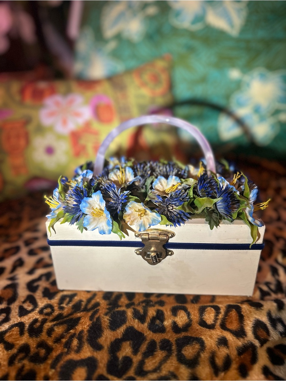 White Floral-Trim Handheld Clutch with Blue Accents